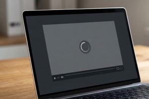 Ноутбук с пустым окном видеоплеера и индикатором загрузки на рабочем столе