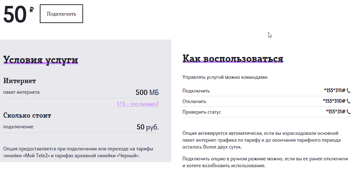Пакеты интернета теле2